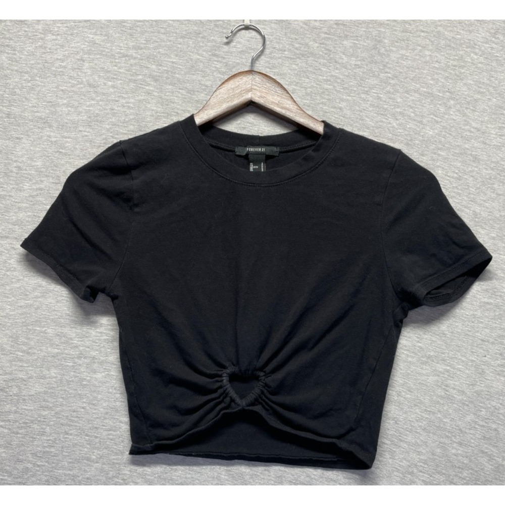 Forever 21 Cropped Top Womens Small Black Cotton Crew Neck Twist Front Detail